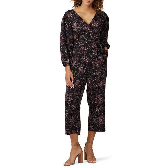 Kate Spade Disco Dots Jumpsuit Crepe V Neck Black Belted Wrap Crepe 12 - Picture 1 of 14